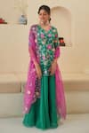 Pita Nila_Green Gaji Silk Print Floral V Seri Hand Embroidered Kurta Lehenga Set _Online_at_Aza_Fashions