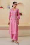 Buy_Pita Nila_Pink Tissue Embroidery Floral V Neck Rehaab Hand Kurta Palazzo Set _Online_at_Aza_Fashions