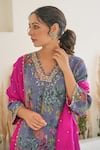 Shop_Pita Nila_Purple Tissue Print Floral V Neck Fiza Blossom Kurta Pant Set _Online_at_Aza_Fashions