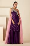 Suruchi Parakh_Purple Georgette Crepe Hand Embroidered Floral One Shoulder Kurta Sharara Set _Online_at_Aza_Fashions