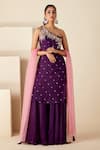 Buy_Suruchi Parakh_Purple Georgette Crepe Hand Embroidered Floral One Shoulder Kurta Sharara Set _at_Aza_Fashions