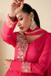 Shop_Suruchi Parakh_Pink Crepe, Chiffon Sequins V-neck Hand Embroidered Kurta Pant Set _Online_at_Aza_Fashions