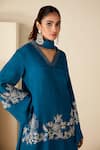Shop_Suruchi Parakh_Blue Crepe, Silk, Chiffon Embroidery V-neck Hand Short Anarkali Dhoti Pant Set _Online_at_Aza_Fashions