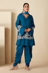 Buy_Suruchi Parakh_Blue Crepe, Silk, Chiffon Embroidery V-neck Hand Short Anarkali Dhoti Pant Set _at_Aza_Fashions