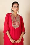 Suruchi Parakh_Red Georgette Crepe Embroidered Thread Round Kaftan Kurta Pant Set _at_Aza_Fashions