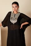 Suruchi Parakh_Black Georgette Crepe Embroidered Thread Round Kaftan Kurta Pant Set _at_Aza_Fashions