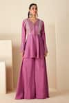 Suruchi Parakh_Purple Crepe Silk V Neck Embroidered Peplum Top And Flared Pant Set _Online_at_Aza_Fashions