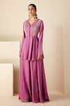 Buy_Suruchi Parakh_Purple Crepe Silk V Neck Embroidered Peplum Top And Flared Pant Set _Online_at_Aza_Fashions