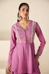 Shop_Suruchi Parakh_Purple Crepe Silk V Neck Embroidered Peplum Top And Flared Pant Set _Online_at_Aza_Fashions