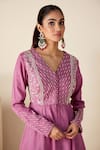 Suruchi Parakh_Purple Crepe Silk V Neck Embroidered Peplum Top And Flared Pant Set _at_Aza_Fashions