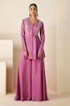 Buy_Suruchi Parakh_Purple Crepe Silk V Neck Embroidered Peplum Top And Flared Pant Set _at_Aza_Fashions