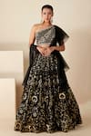 Buy_Suruchi Parakh_Black Georgette Crepe Hand Embroidered Foil One Shoulder Floral Lehenga Set _at_Aza_Fashions