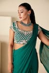 Shop_Suruchi Parakh_Green Georgette Crepe Hand Embroidered Sequin Blouse And Pre-draped Saree Set _Online_at_Aza_Fashions