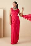 Buy_Suruchi Parakh_Pink Georgette Crepe Hand Embroidered Zari Work Blouse And Pre-draped Saree Set _at_Aza_Fashions