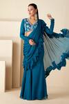 Buy_Suruchi Parakh_Blue Georgette Crepe Hand Embroidered Bead V Work Blouse And Pre-draped Saree Set_at_Aza_Fashions