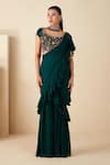 Buy_suruchi parakh_Green Georgette Crepe Hand Embroidered Zari Boat Sequin Blouse And Pant Saree Set_at_Aza_Fashions