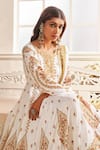 Shop_LASHKARAA_White Satin Printed Floral Round Placed Threadwork Anarkali Pant Set _at_Aza_Fashions