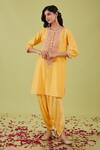 Buy_Preeti S Kapoor_Yellow Bamber Satin Embroidery Gota Round Bloom Yoke Kurta With Samosa Pant _at_Aza_Fashions