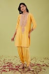 Buy_Preeti S Kapoor_Yellow Bamber Satin Embroidery Gota Round Bloom Yoke Kurta With Samosa Pant _Online_at_Aza_Fashions