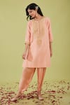 Buy_Preeti S Kapoor_Pink Bamber Satin Embroidery Gota Round Floret Yoke Kurta With Samosa Pant _at_Aza_Fashions