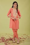 Buy_Preeti S Kapoor_Pink Bamber Satin Embroidery Gota Round Florence Yoke Kurta With Samosa Pant _at_Aza_Fashions