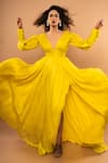 Ranbir Mukherjee Calcutta_Yellow Satin Georgette Solid Plunge V-neck Pleated Gown  _Online_at_Aza_Fashions