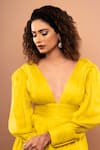 Shop_Ranbir Mukherjee Calcutta_Yellow Satin Georgette Solid Plunge V-neck Pleated Gown  _at_Aza_Fashions