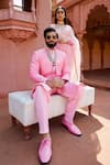 Shop_Ranbir Mukherjee Calcutta_Pink Cotton Silk Embroidered Thread Floral Jaal Jacket Pant Set  _Online_at_Aza_Fashions