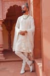 Shop_Ranbir Mukherjee Calcutta_Ivory Cotton Silk Embroidered Thread Floral Jaal Kurta Churidar Set  _at_Aza_Fashions