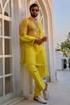 Buy_Ranbir Mukherjee Calcutta_Yellow Organza Embroidered Gota Floral Jacket Pant Set _at_Aza_Fashions