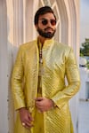 Ranbir Mukherjee Calcutta_Yellow Organza Embroidered Gota Floral Jacket Pant Set _Online_at_Aza_Fashions