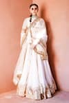 Buy_Ranbir Mukherjee Calcutta_Ivory Organza Embellished Gota Round Neck Lehenga Set _at_Aza_Fashions