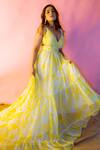 Buy_Ranbir Mukherjee Calcutta_Yellow Georgette V-neck Abstract Print Layered Dress _at_Aza_Fashions
