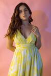 Ranbir Mukherjee Calcutta_Yellow Georgette V-neck Abstract Print Layered Dress _Online_at_Aza_Fashions