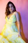 Shop_Ranbir Mukherjee Calcutta_Yellow Georgette V-neck Abstract Print Layered Dress _at_Aza_Fashions