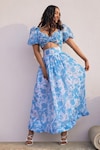 Ranbir Mukherjee Calcutta_Blue Georgette Print Abstract Butterfly Ruched Crop Top With Skirt _Online_at_Aza_Fashions