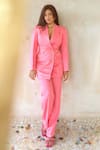 Buy_Ranbir Mukherjee Calcutta_Pink Nysa Silk Plain Notched Lapel Double Breasted Blazer And Pant Set  _at_Aza_Fashions