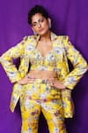 Shop_Ranbir Mukherjee Calcutta_Yellow Silk Woven Floral Blazer Notched Collar Pant Set _at_Aza_Fashions