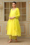 Shop_POMCHA JAIPUR_Yellow Anarkali And Pant Cotton Embellished Mirror Scoop Neck Saadgi Work Set _Online_at_Aza_Fashions