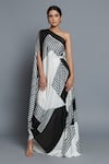 Shop_Vedika M_Black Satin Printed One Shoulder Draped Kaftan _Online_at_Aza_Fashions