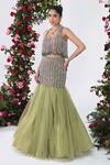 Buy_KIRAN KALSI_Green Net Embroidery Beaded Fringe Halter Neck Embellished Lehenga Set _at_Aza_Fashions