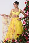 Buy_KIRAN KALSI_Yellow Satin Organza Embroidery Crystal Sweetheart Neck Rosa Garden Lehenga Set _Online_at_Aza_Fashions