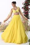 Shop_KIRAN KALSI_Yellow Satin Organza Embroidery Crystal Sweetheart Neck Rosa Garden Lehenga Set _at_Aza_Fashions