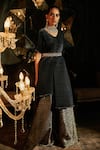 Shop_Tasuvure Indes_Black Pleated Silk Embroidery Nora Asymmetric Top And Woven Ghaghra Set  _at_Aza_Fashions