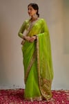 Buy_Ranbir Mukherjee Calcutta_Green Organza Embellishments Gota Geometric Striped Pallu Saree With Blouse _at_Aza_Fashions