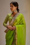 Buy_Ranbir Mukherjee Calcutta_Green Organza Embellishments Gota Geometric Striped Pallu Saree With Blouse _Online_at_Aza_Fashions