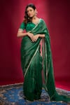 Buy_Ranbir Mukherjee Calcutta_Green Organza Embellishments Gota Stripes V Neck Saree With Blouse _at_Aza_Fashions