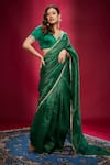 Ranbir Mukherjee Calcutta_Green Organza Embellishments Gota Stripes V Neck Saree With Blouse _Online_at_Aza_Fashions