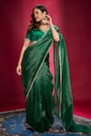 Buy_Ranbir Mukherjee Calcutta_Green Organza Embellishments Gota Stripes V Neck Saree With Blouse  _Online_at_Aza_Fashions