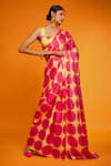 Buy_Ranbir Mukherjee Calcutta_Pink Satin Silk Printed Polka Square Saree With Blouse _at_Aza_Fashions